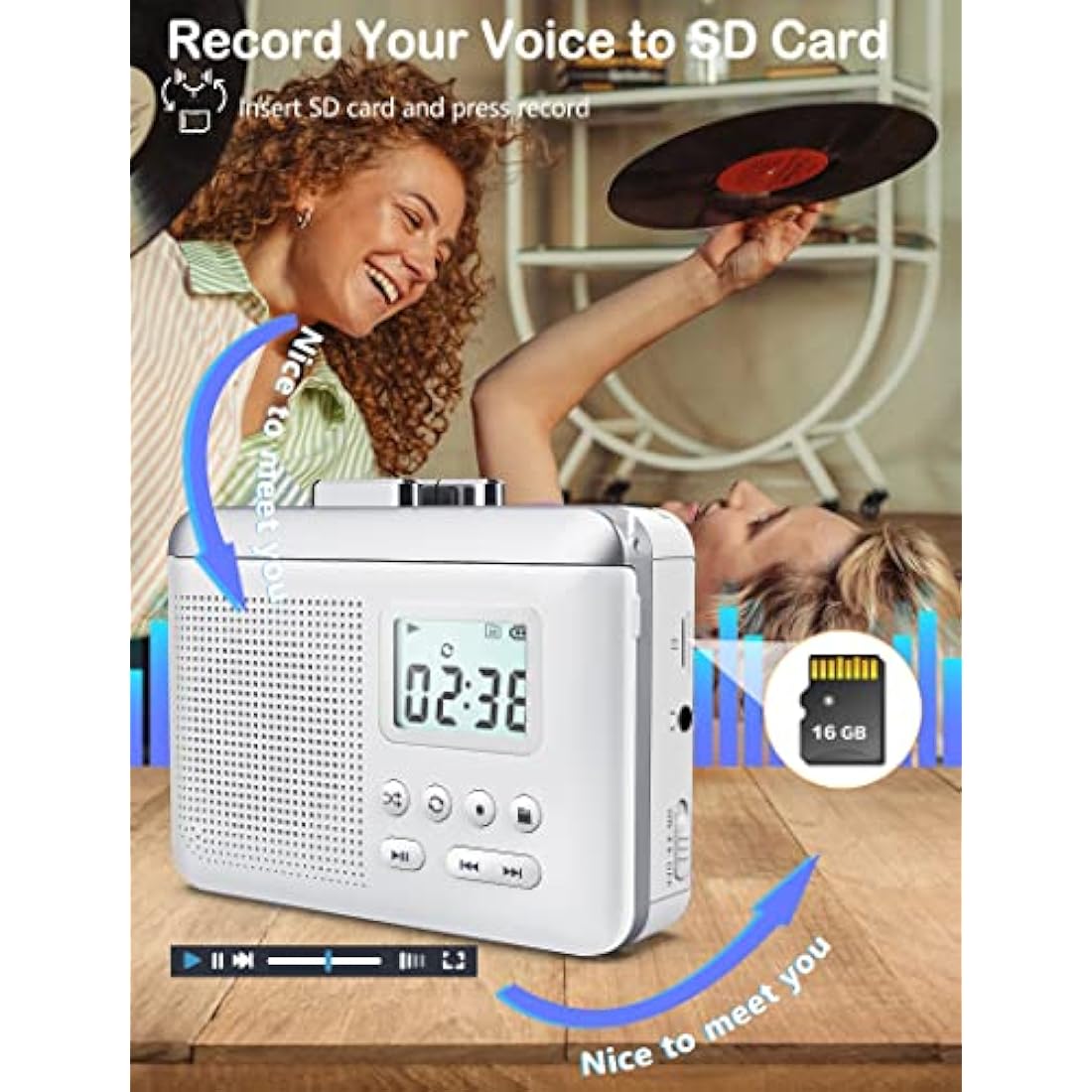 Gracioso Portable Cassette Player Recorder Converter,Cassette to MP3 via SD Card,Walkman Cassette Tape Player with 1000mah Rechargeable Battery,Built-in Microphone&Speaker,Headphone Jack,16GB SD Card