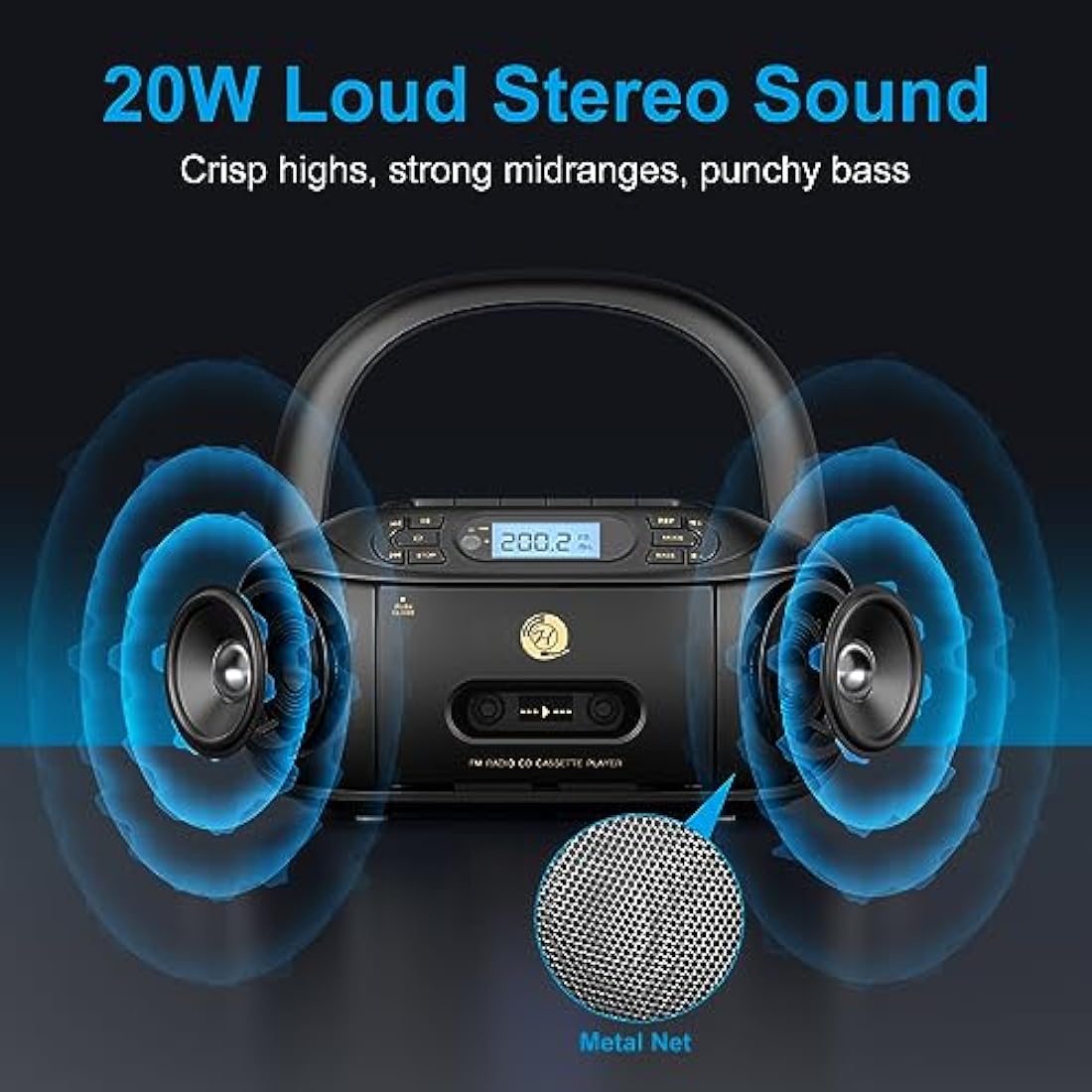 Hernido Portable Boombox with CD Cassette Player Combo, FM Radio, Rechargeable CD/Tape Player, Built-in Stereo Speakers Super Bass, Audio for Home Support AUX-In, USB Playback, Headphone Jack Output
