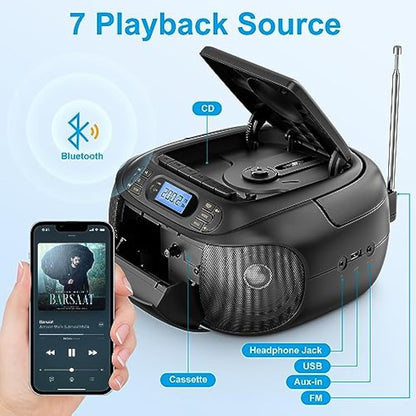 Hernido Portable Boombox with CD Cassette Player Combo, FM Radio, Rechargeable CD/Tape Player, Built-in Stereo Speakers Super Bass, Audio for Home Support AUX-In, USB Playback, Headphone Jack Output