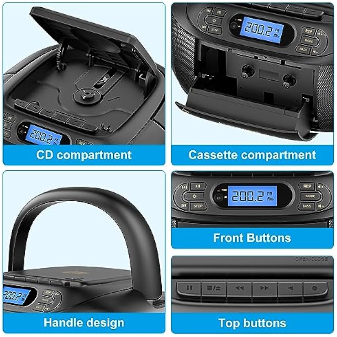 Hernido Portable Boombox with CD Cassette Player Combo, FM Radio, Rechargeable CD/Tape Player, Built-in Stereo Speakers Super Bass, Audio for Home Support AUX-In, USB Playback, Headphone Jack Output