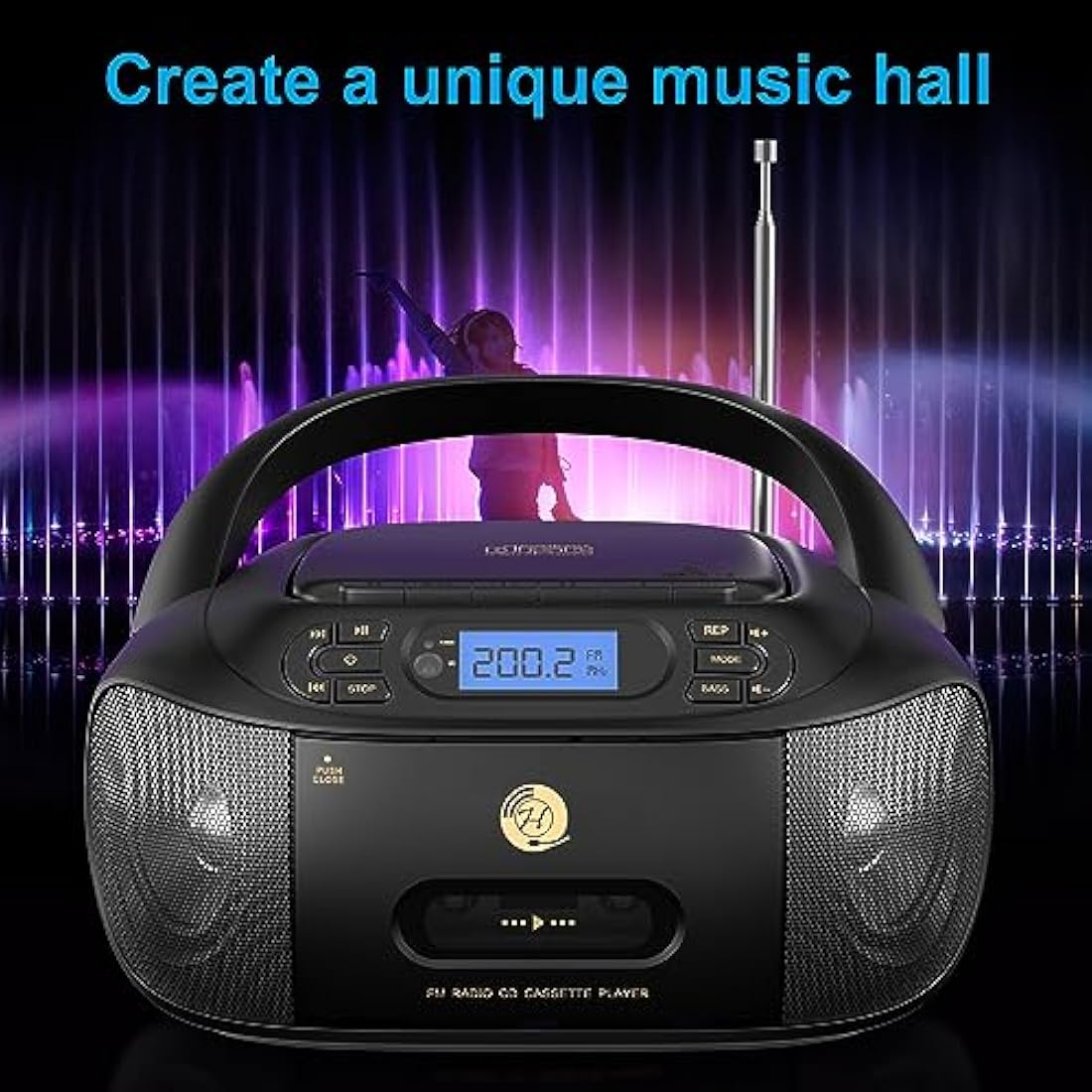 Hernido Portable Boombox with CD Cassette Player Combo, FM Radio, Rechargeable CD/Tape Player, Built-in Stereo Speakers Super Bass, Audio for Home Support AUX-In, USB Playback, Headphone Jack Output